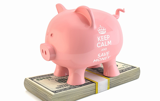 Pink piggy bank that says keep calm and save money